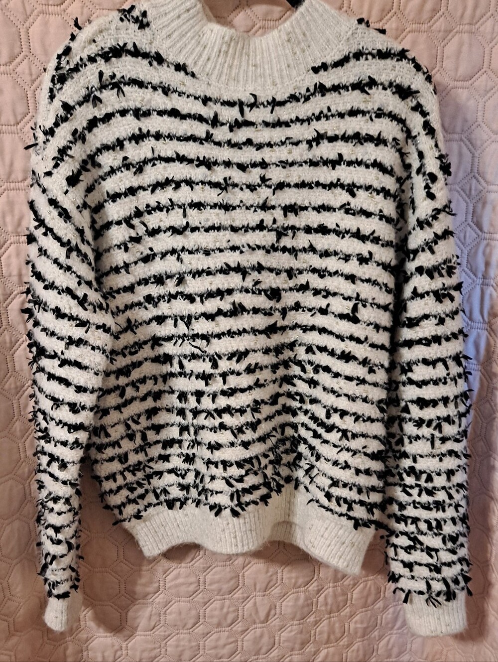 Ann Taylor Cozy Black & White Striped Women's Sweater With Gold Flecks Sz M